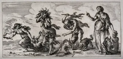 A woman holding a torch is dragging a woman by her hair, another woman is holding her head in despair at the sight of a one-legged man destroying books and instruments; a woman and a sea monster contemplate the scene