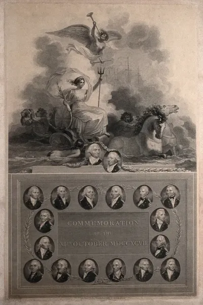 A woman holding a trident and a shield is riding on a chariot pulled through the waves by horses; representing the Battle of Camperdown