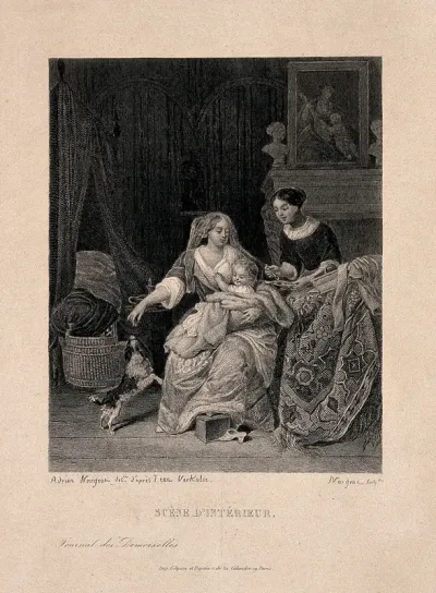 A woman holding her child while a servant holds a bowl of food to feed her
