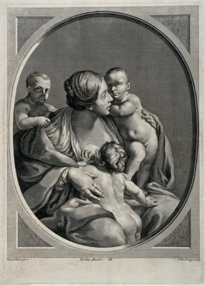 A woman holding three children one of whom is breast-feeding from her; representing charity