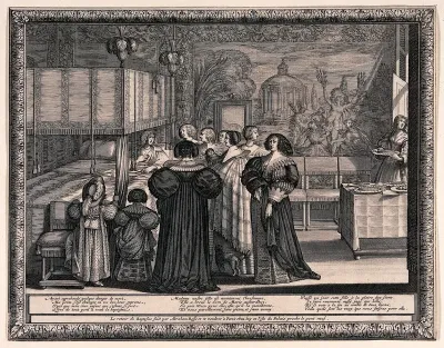 A woman holds a baby as others prepare for its baptism around the mother's bed
