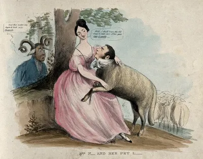 A woman holds a lamb in her lap while a ram looks on; representing Caroline Norton, her relationship with William Lamb, Lord Melbourne, and the disaffection of her husband