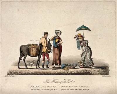 A woman in a bonnet and carrying a parasol is approaching a young woman who has a basket of eels on the ground and a young man who has a donkey with panniers full of fruit