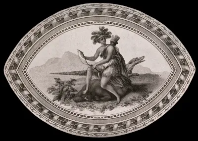 A woman in a feathered headdress and carrying a bow, is quelling a dark-skinned man; representing America