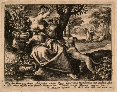 A woman in a garden with some flowers; in the background God blows spirit into Adam's body; representing the sense of smell