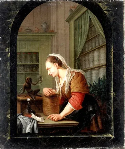 A woman in a pharmacy with a urine flask and a monkey holding an empty flask at a casement