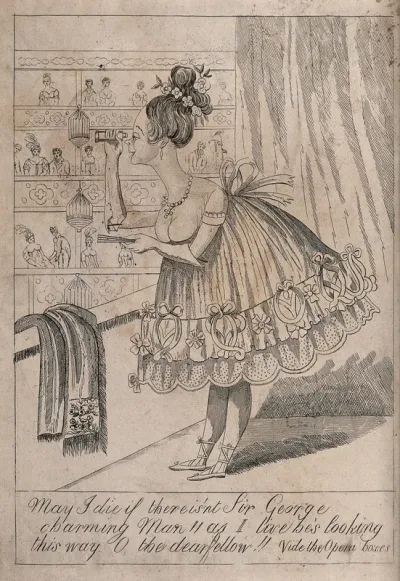 A woman in an opera box is using her opera glasses to peer across the theatre to see who is there