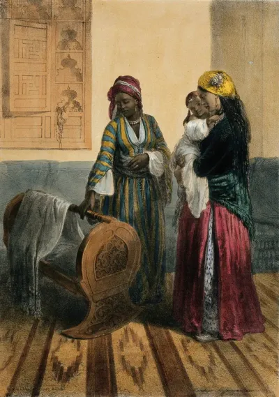 A woman in Cairo holding a child, accompanied by an Abyssinian slave woman standing next to the cradle