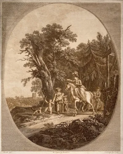 A woman in fine clothes riding a horse gives a coin to a poor family on a country road tin a mountainous region of England