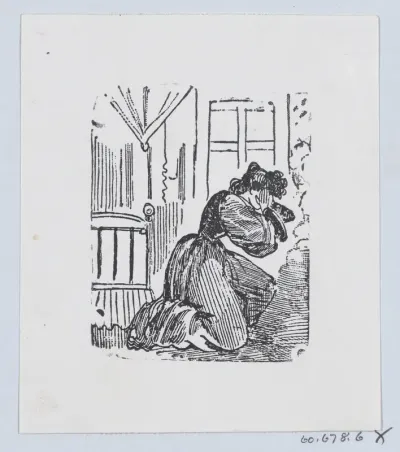 A woman in her bedroom kneeling on the floor with her hands raised to her head