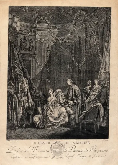 A woman in her dressing chamber with by two male visitors and three maidservants