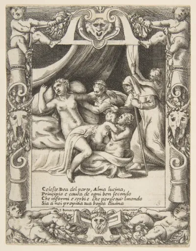 A woman in labor imploring the aid of Lucina set within a decorative cartouche, from "Loves, Rages and Jealousies of Juno"