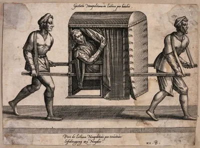 A woman in Naples is being carried in a sedan chair by two men