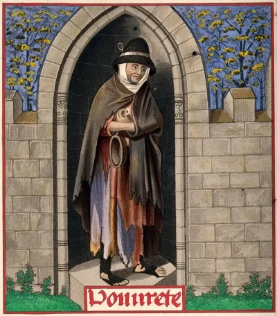 A woman in ragged clothing stands inside a stone niche holding a bowl; representing poverty