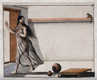 A woman interrupted in her bath, by the sight of a monkey