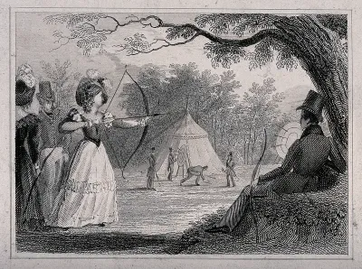 A woman is aiming at a target with a bow and arrow as a man sits under a tree and watches