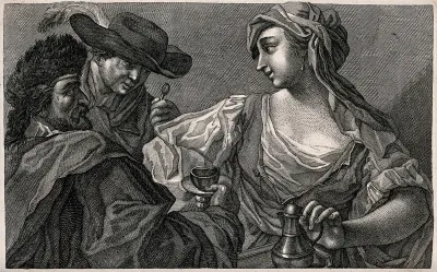 A woman is being admired by two men, one of whom is taking a closer look through a quizzing glass
