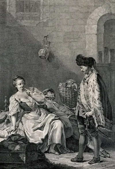 A woman is being approached by a man with a quizzing glass while another man lies asleep beside her
