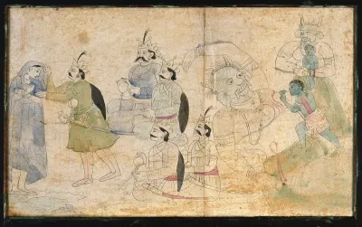 A woman is blessed by Indian nobles while a boy sucks on the teat of a female demon