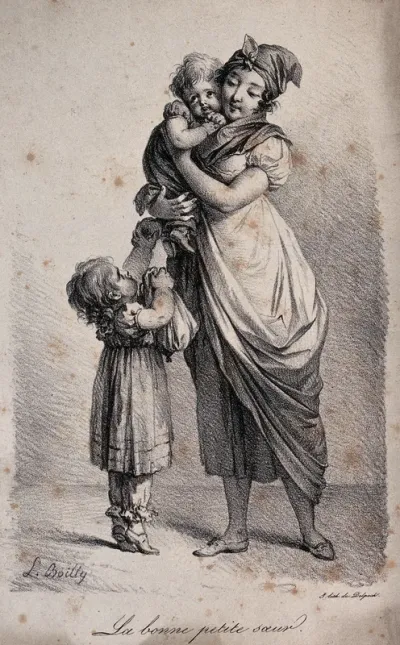 A woman is holding a child in her arms and her sister is standing on tiptoe trying to offer her an apple