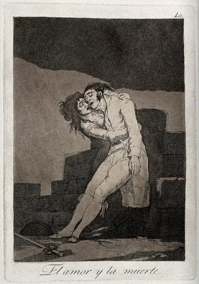 A woman is holding her dying lover; a sword lying at his feet