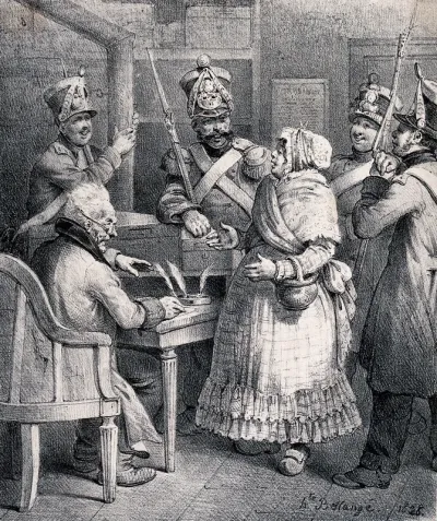 A woman is interrogated by an official who demands her name and status: she says she is a sensitive woman, but he requires a different kind of status, so she suggests that she is a woman of private means
