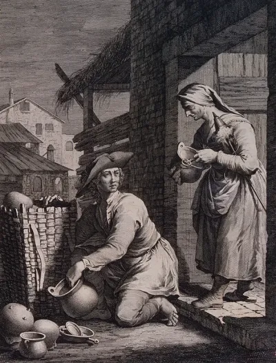 A woman is looking at the pot the man has given to her to examine, he takes others from his basket hoping she might buy