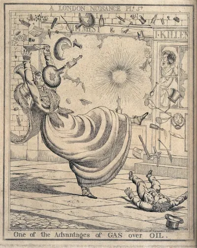 A woman is passing a shop selling oil lamps and is knocked off her feet by the blast of an explosion