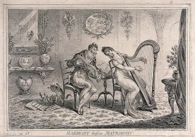 A woman is playing the harp as she and her male companion sing together, representing a man and a woman in love