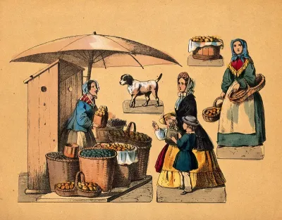 A woman is selling fruit from her market stall, set up under a large umbrella, to a woman who has two small children with her