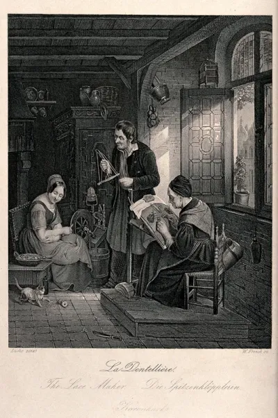 A woman is sitting by the window making lace on a pillow while another woman sits by a spinning wheel watching a kitten play with a reel of cotton; a man holds a swift or skein winder