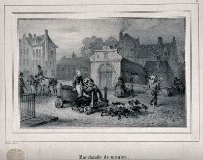 A woman is sitting on a cart which is being pulled by dogs, a boy is sitting on the basket of mussels on the back shouting to people in the street to buy them