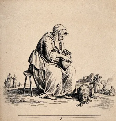 A woman is sitting on a stool with a basket on her lap and a dog at her feet
