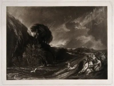A woman is swept away by the tempestuous deluge; a small company of people on a hill try to save themselves; a serpent slithers beside them