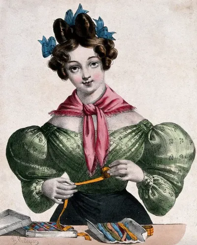A woman is unreeling ribbon to wind it on to cards