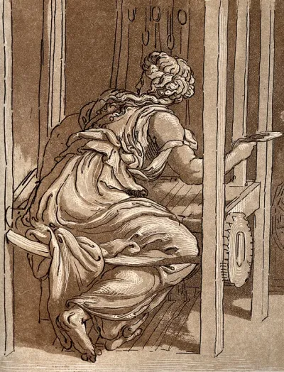 A woman is weaving at a loom with a spindle in her hand