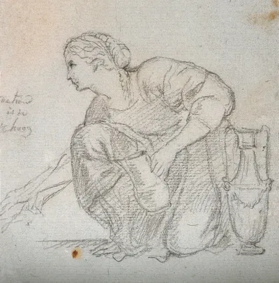 A woman kneeling, holding a vase