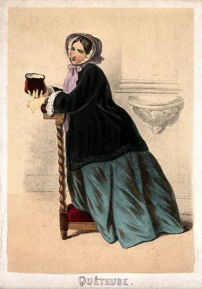 A woman kneels in a church with a collecting purse in her hand