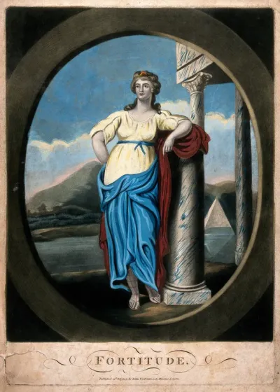 A woman leaning against the column of a temple, behind her a landscape with lake and pyramid; representing Fortitude