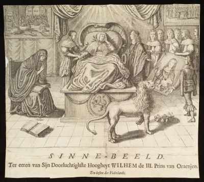 A woman lies in bed, lovesick (representing the Netherlands); attendants try to raise her spirits by showing her a portrait of the newly appointed Stadholder, William III Prince of Orange (subsequently William III King of England)