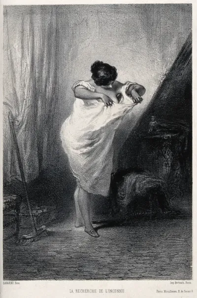 A woman looking down her night gown while searching for fleas