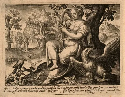 A woman looking into a hand-mirror; in the background God shows Adam and Eve the tree of knowledge
