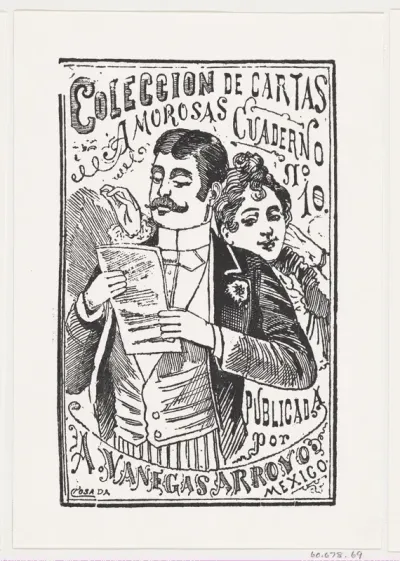 A woman looking over a man's shoulder at the letter in his hand, illustration for 'Coleccion de Cartas Amorosas Cuaderno No. 10,' published by Antonio Vanegas Arroyo