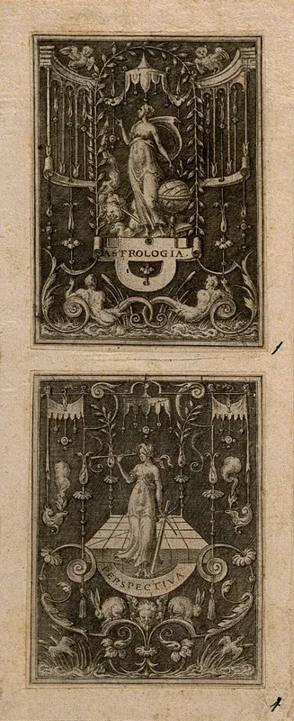 A woman looking through a level and holding a ruler and compasses, standing in front of a grid; representing perspective