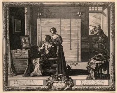 A woman looks at herself in her mirror; a man looks through a telescope; representing the sense of sight