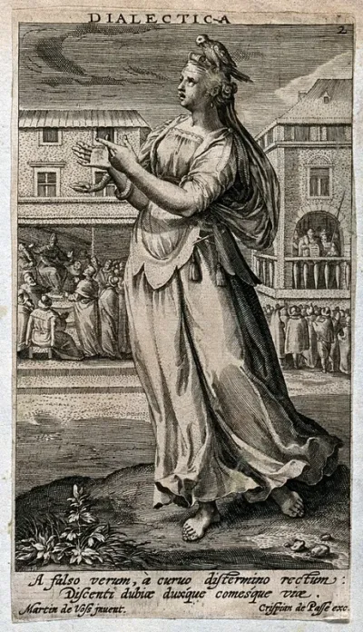 A woman making gestures of speech, having a snake around her wrist and a parrot on her head, is standing in a market place with a court scene to her left and a verdict being read out to her right; representing Dialectic