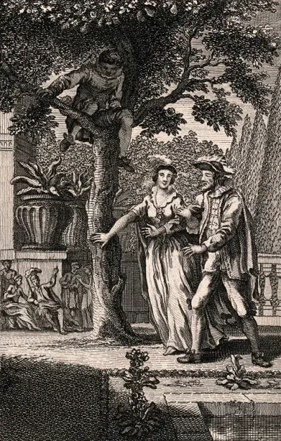 A woman (May) leads a man (January) under a tree in which there is somone hiding and some onlookers are pointing at the scene
