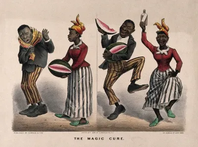 A woman offers a watermelon to a sick man; he is cured and both start dancing; she holds up a medicine bottle