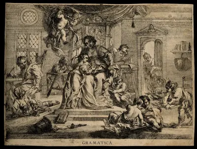 A woman on a throne in a classroom; representing grammar