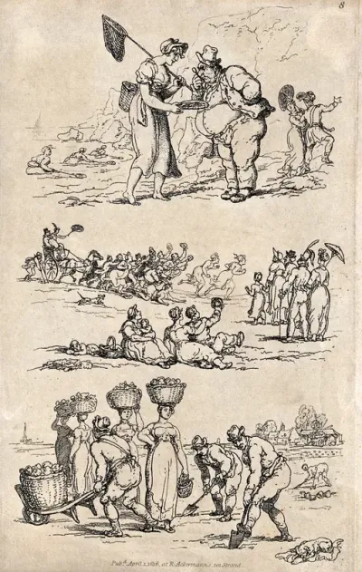 A woman on the beach is offering a dish to a man with an eye glass, two women are being chased by a crowd and women are carrying baskets on their heads as men dig in the field and one pushes a wheelbarrow with a basket on it